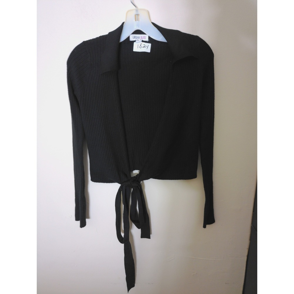 Urban Bliss Cardigan Women 6 Black Vtg Inspo Tie Front Ribbed Crop Top Goth 1824